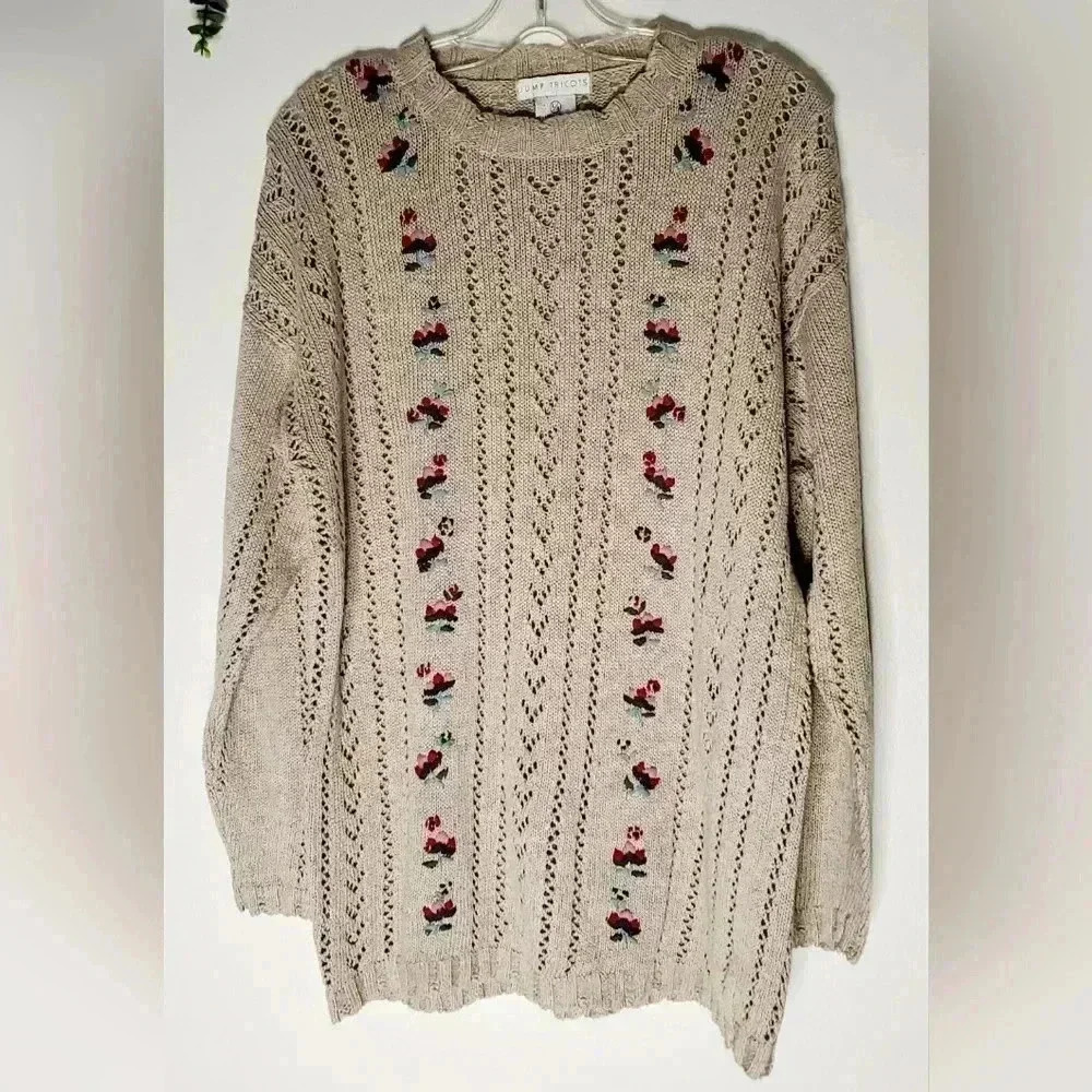 Jump Tricot Lenin Blend Beige  3D Embroidered Chunky Knit Sz L long Line Sweater